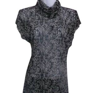 ---  Long Black White Sheer Floralt Top Size Medium